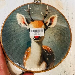 Round Deer Art Plaque - Teal Background with Brown & White Deer